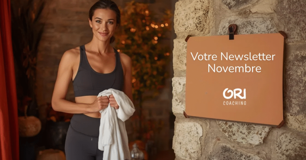 Newsletter ORI Coaching de novembre présentant les ateliers bien-être, nouveaux cours et challenge InBody pour rester en forme avant la fin d’année.